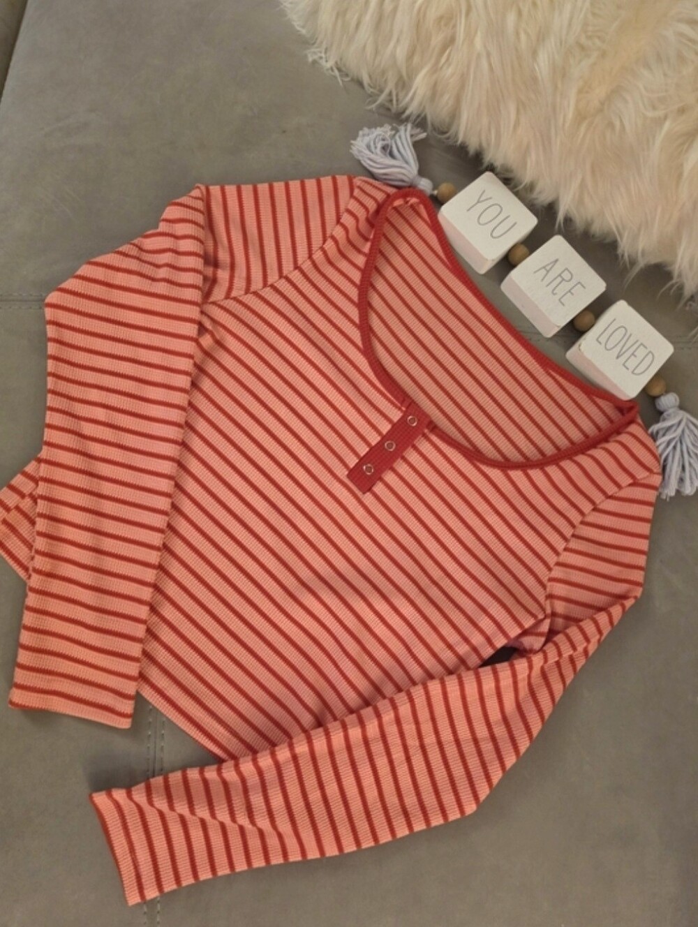 Woman's Striped Henley Long Sleeve Ribbed Top - Red & Coral Size XL
